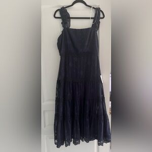 Lulus My Final Rose Navy Blue Floral Jacquard Tiered Midi Dress - Size M